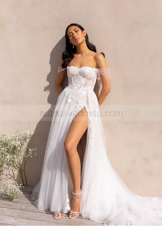 Sweetheart Neck Ivory Lace Tulle High Slit Sexy Wedding Dress